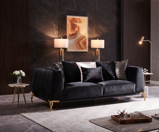 Majestic Shiny Thick Velvet Fabric Upholstered Sofa Made With Wood Finished in Black