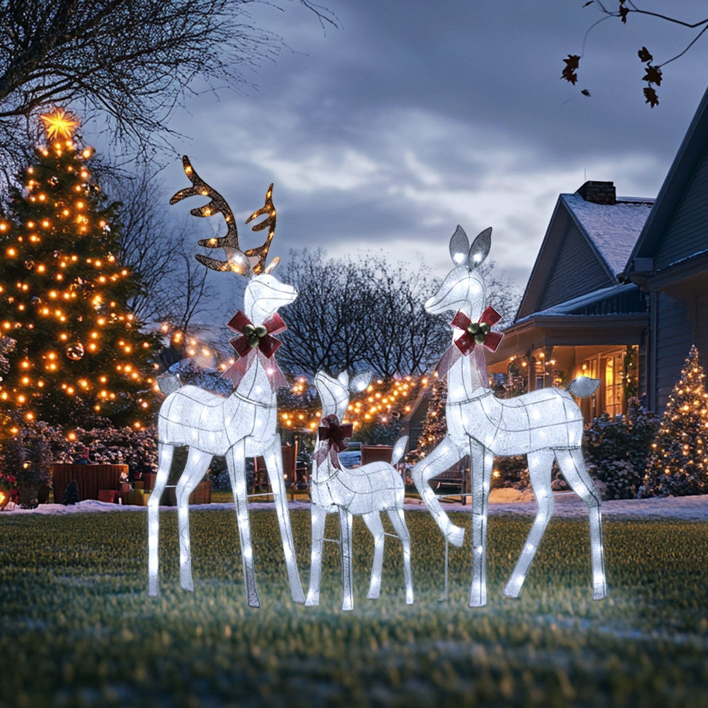 3 Packs Large Lighted Christmas Deer Family Set with Bows Warm White Deer 210 LED Lighted Reindeers Yard Lights, Outdoor Holiday Yard Decorations Xmas Decor