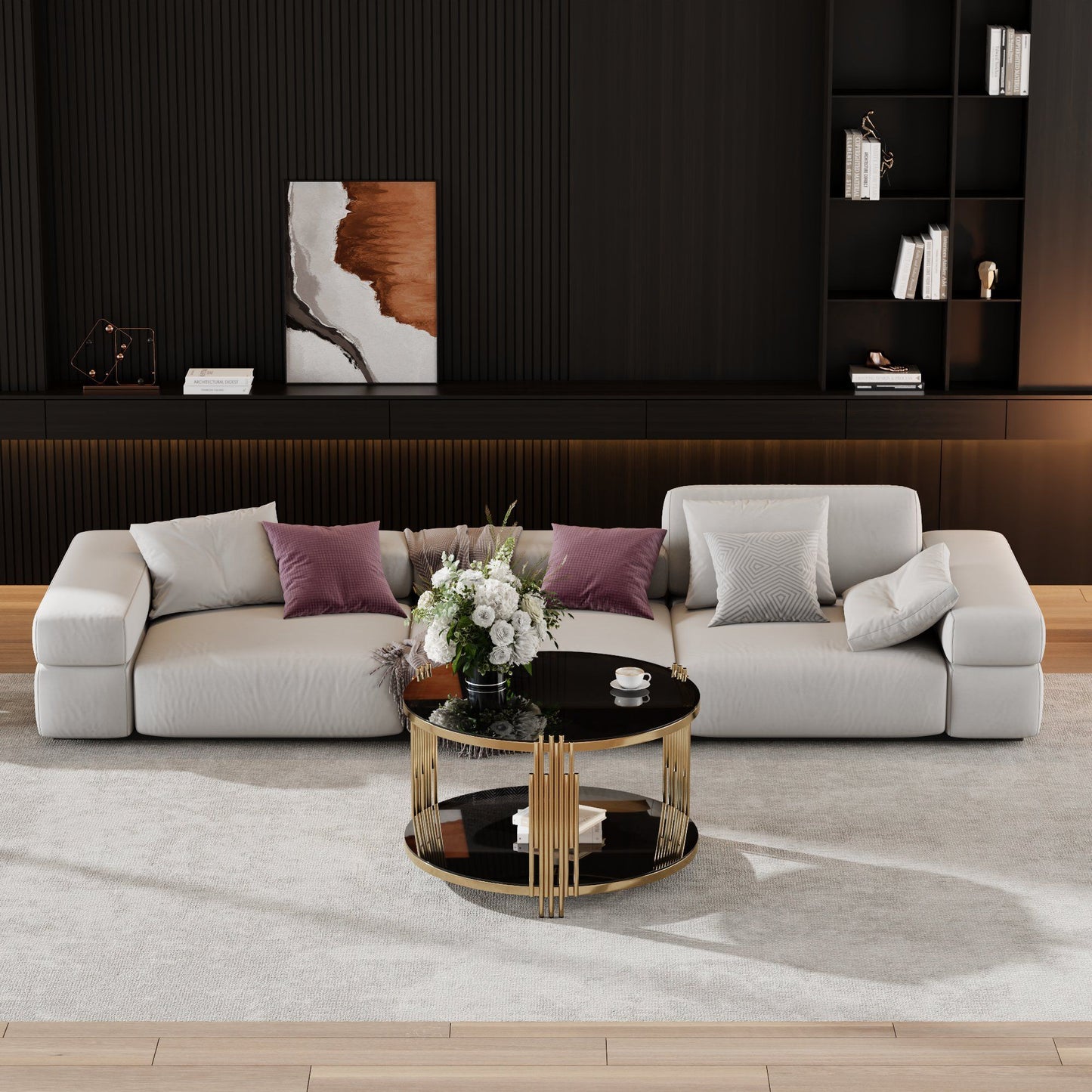 Modern Black Mirror Coffee Table, Asymmetrical Metal, Circular Metal Drum Base, Gold Finish & Lower Shelf