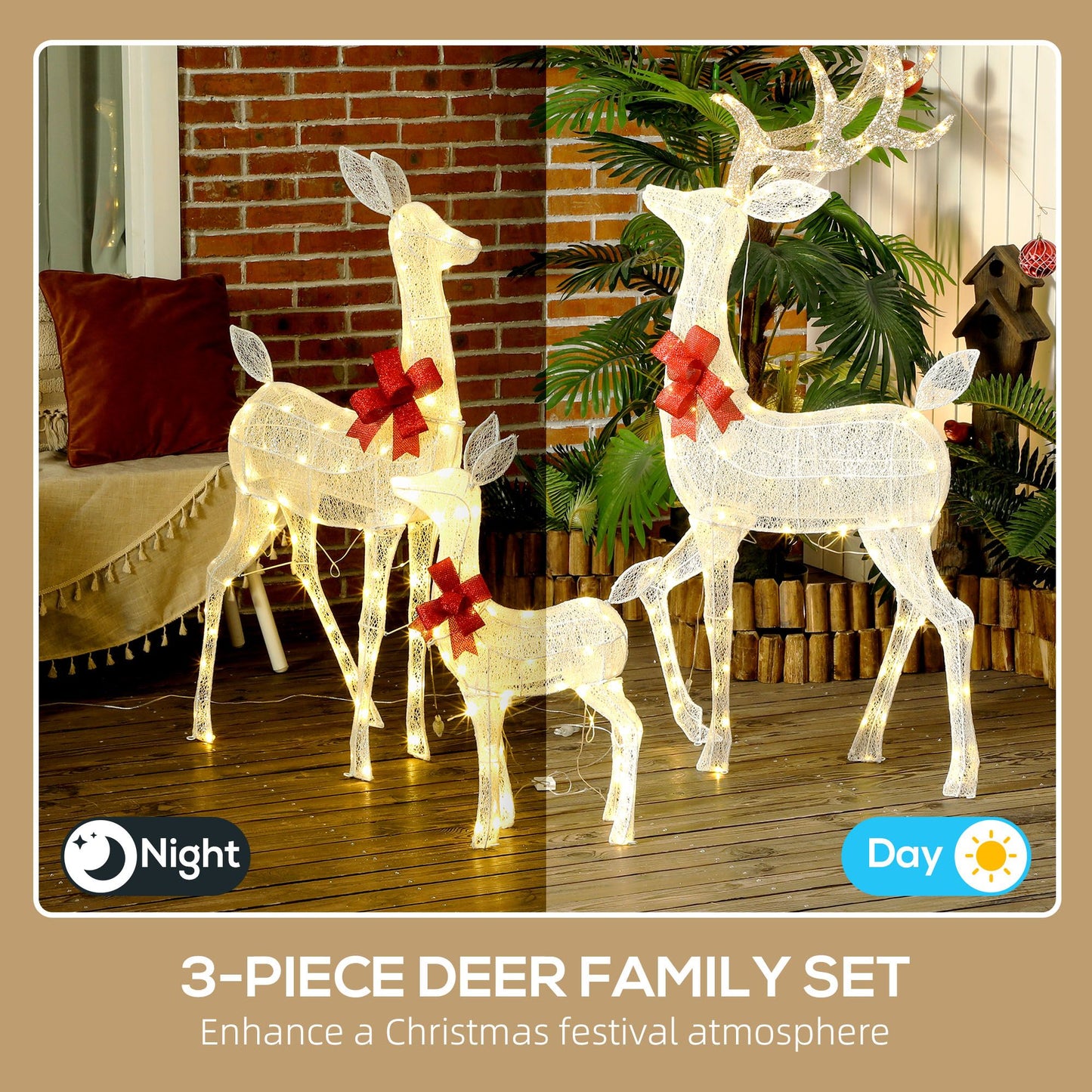 4.5ft 3-Piece Light Up Christmas Deer Family Set of 3, Lighted Reindeer Christmas Decorations with 2 LED Light Modes, Stakes, Zip Ties for Indoor, Outdoor, Yard, Lawn