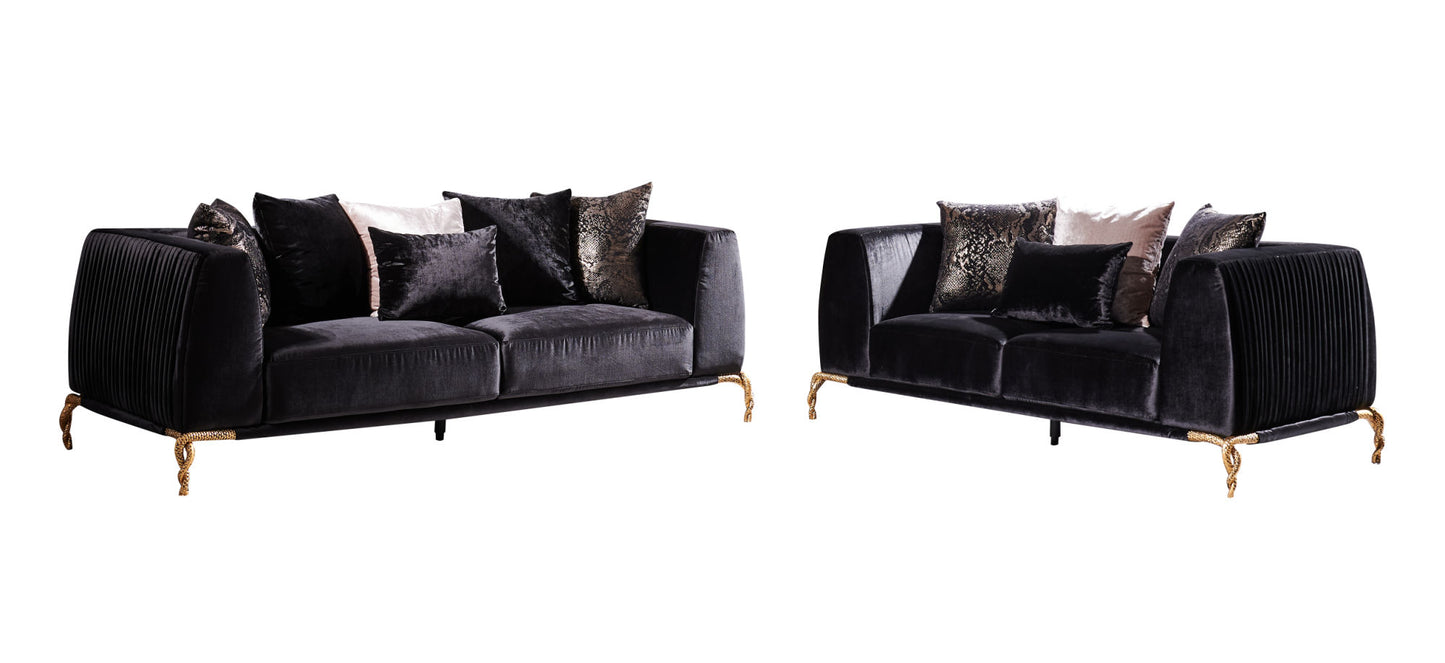 Majestic Shiny Thick Velvet Fabric Upholstered Sofa Made With Wood Finished in Black