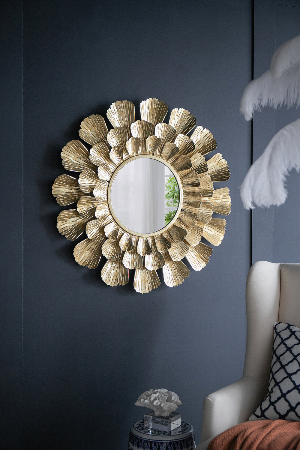 Round Gold Metal Mirror with Trumpet Vine Motif, 37x3"