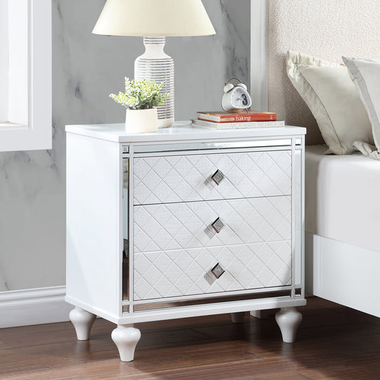 Contemporary Nightstands with mirror frame accents, Bedside Table with two drawers and one hidden drawer. White