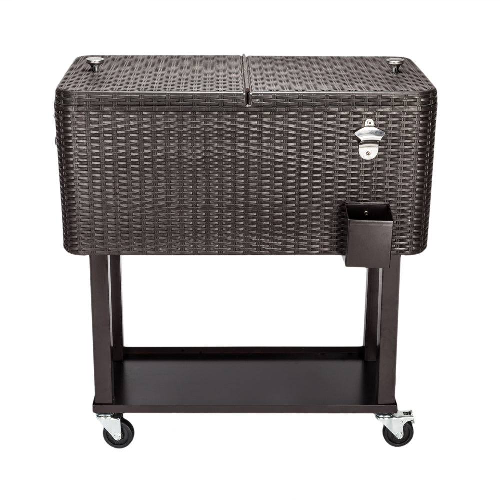 80QT Rolling Outdoor Patio Cooler Cart on Wheels Portable Ice Chest with Shelf