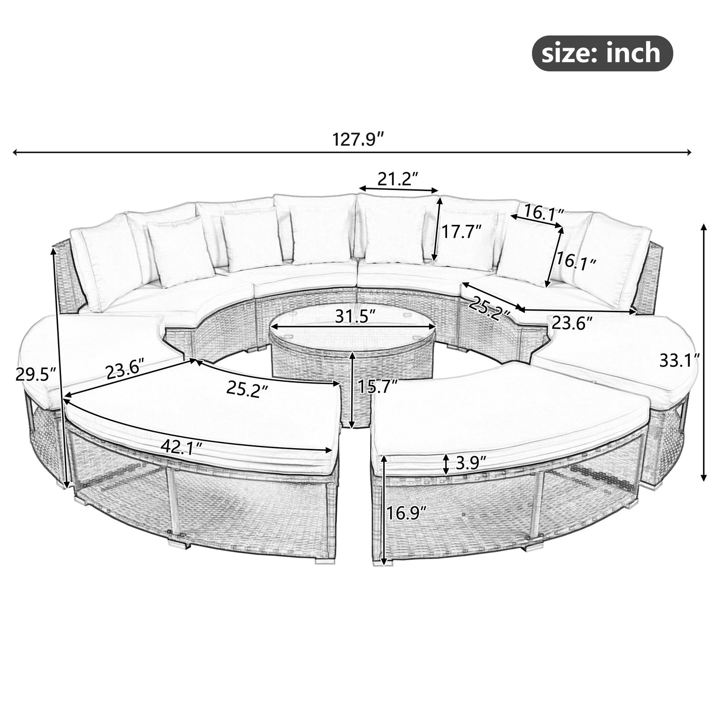 Outdoor Patio Furniture Luxury Circular Outdoor Sofa Set Rattan Wicker Sectional Sofa Lounge Set. 6 Pillows