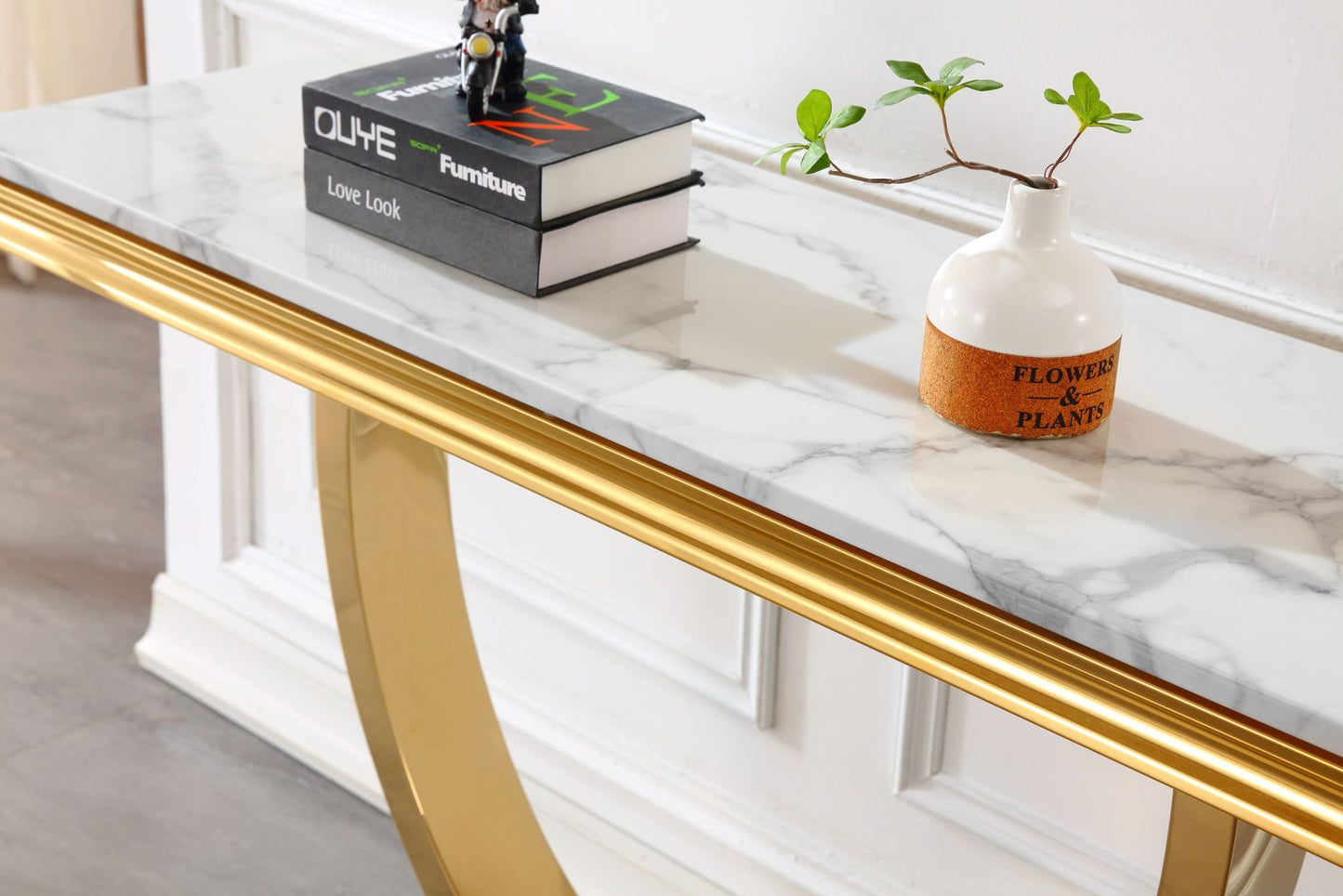 Modern Rectangular White Marble Console Table, 0.71" Thick Marble Top, U-Shape Stainless Steel Base with Gold Mirrored Finish