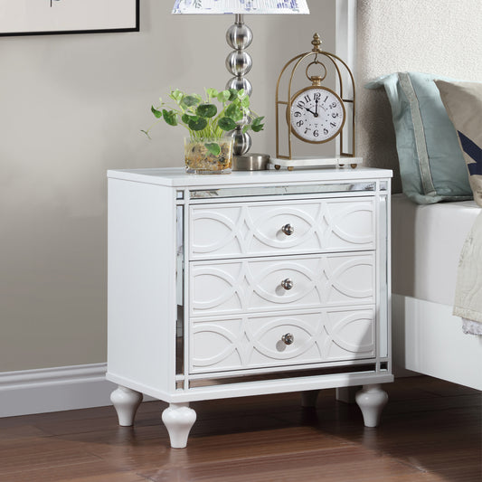 Contemporary Nightstands with mirror frame accents, Bedside Table with two drawers and one hidden drawer, White