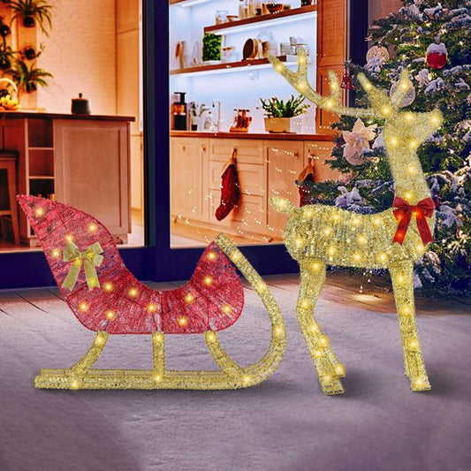 Lighted Christmas Reindeer & Sleigh Indoor Outdoor Christmas Decoration Christmas Lighted Display with 8 Lighting Modes