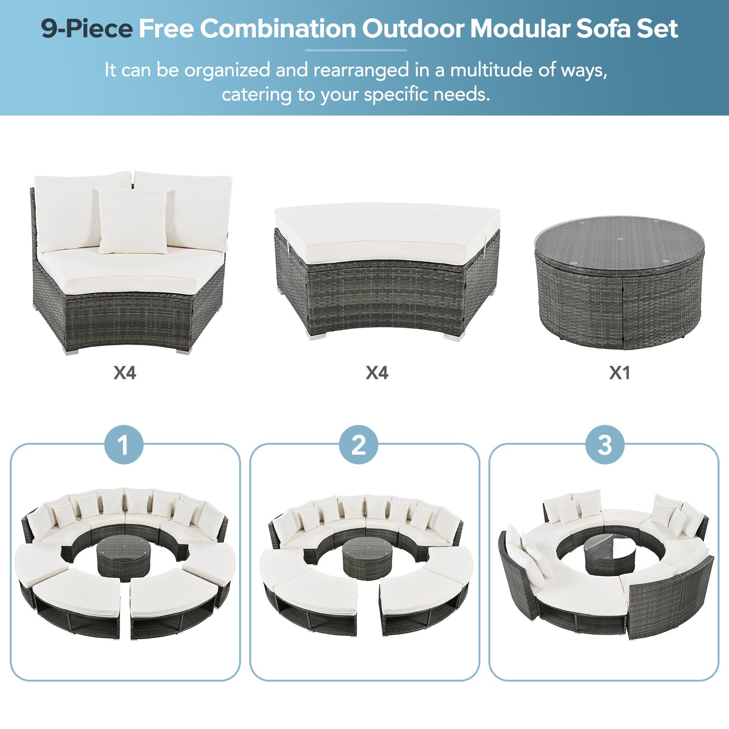 Outdoor Patio Furniture Luxury Circular Outdoor Sofa Set Rattan Wicker Sectional Sofa Lounge Set. 6 Pillows