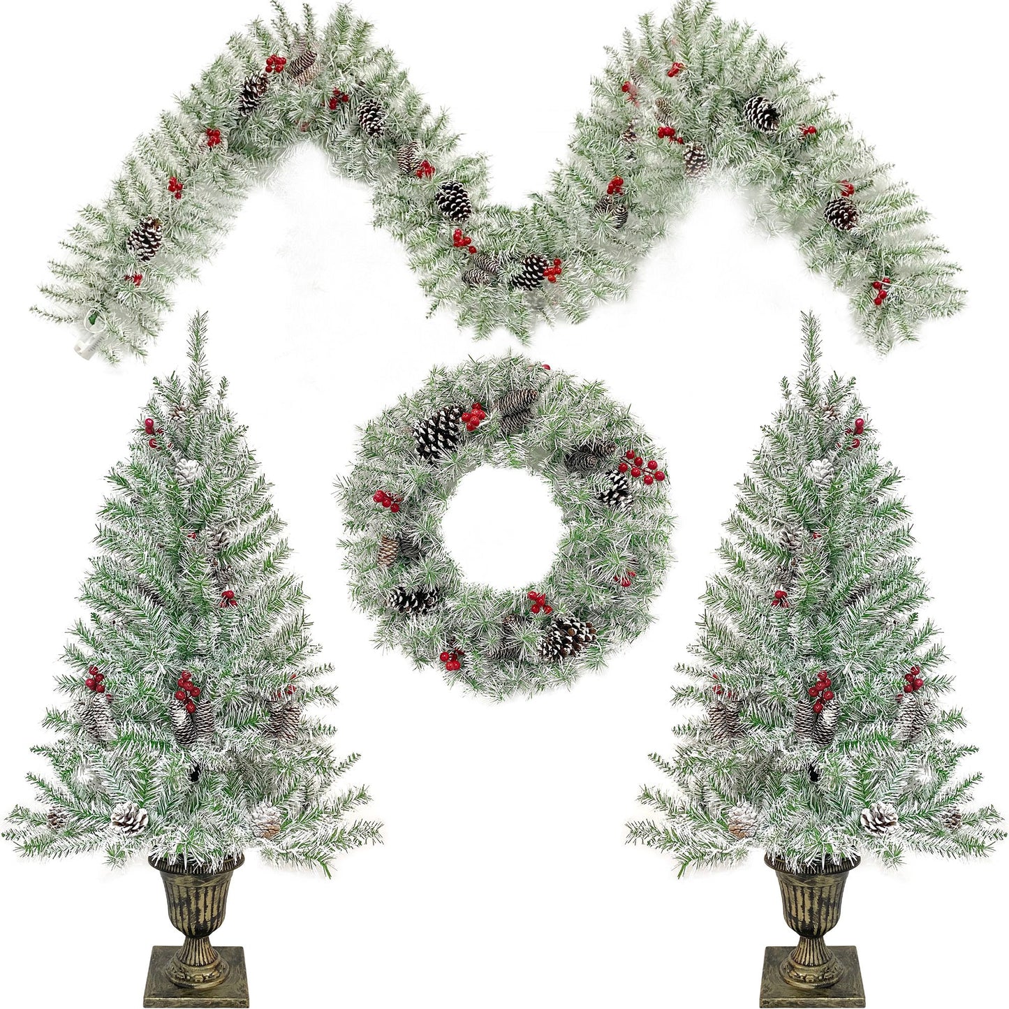 Pre-lit Artificial Christmas 4-Piece Set,Garland, Wreath and Set of 2 Entrance Trees