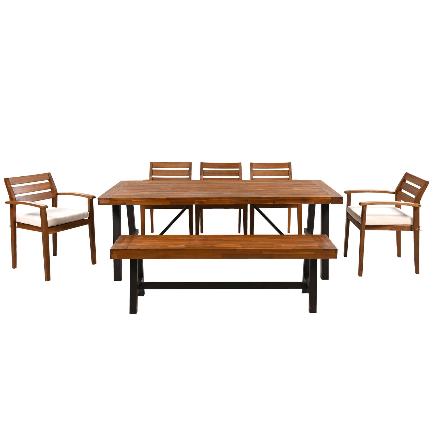 GO Outdoor Wood Dining Set For 7-8 Person, Outdoor Dining Furniture With Removable Cushions, Ergonomic Chairs And Bench, Thicker Table, Nature