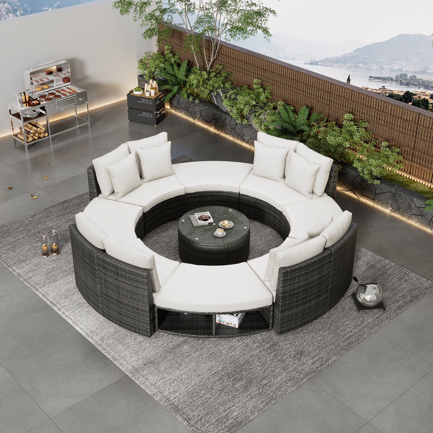 Outdoor Patio Furniture Luxury Circular Outdoor Sofa Set Rattan Wicker Sectional Sofa Lounge Set. 6 Pillows