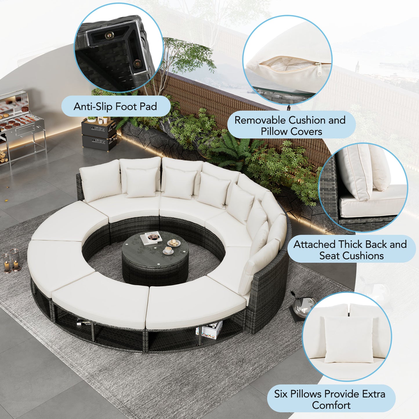 Outdoor Patio Furniture Luxury Circular Outdoor Sofa Set Rattan Wicker Sectional Sofa Lounge Set. 6 Pillows