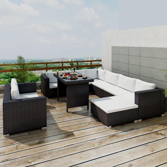 10 Piece Patio Lounge Set with Cushions Poly Rattan Black