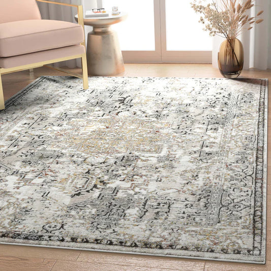 Heriz Medallion Modern Vintage Grey Ivory High-Low Rug