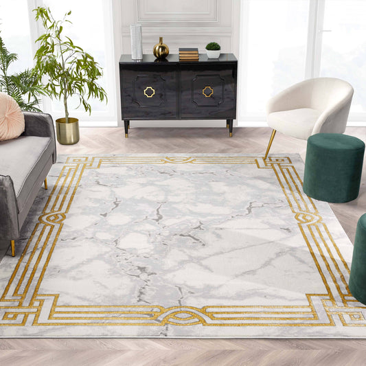 Huntington Retro Marble Border Ivory Glam Rug: 7'10" x 9'10"