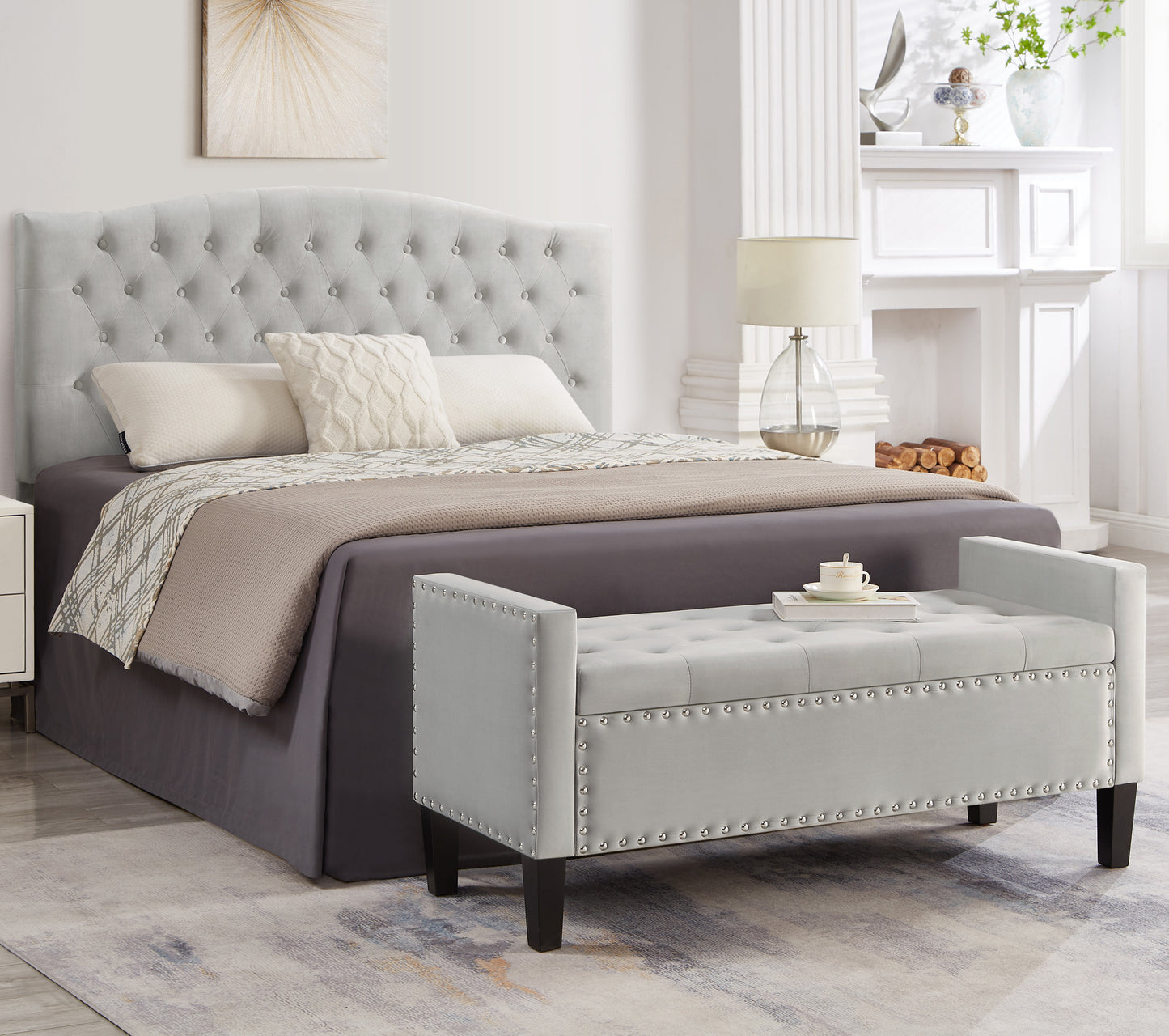 Upholstered Tufted Button Storage Bench with nails trim,Entryway Living Room Soft Padded Seat with Armrest,Bed Bench-Gray