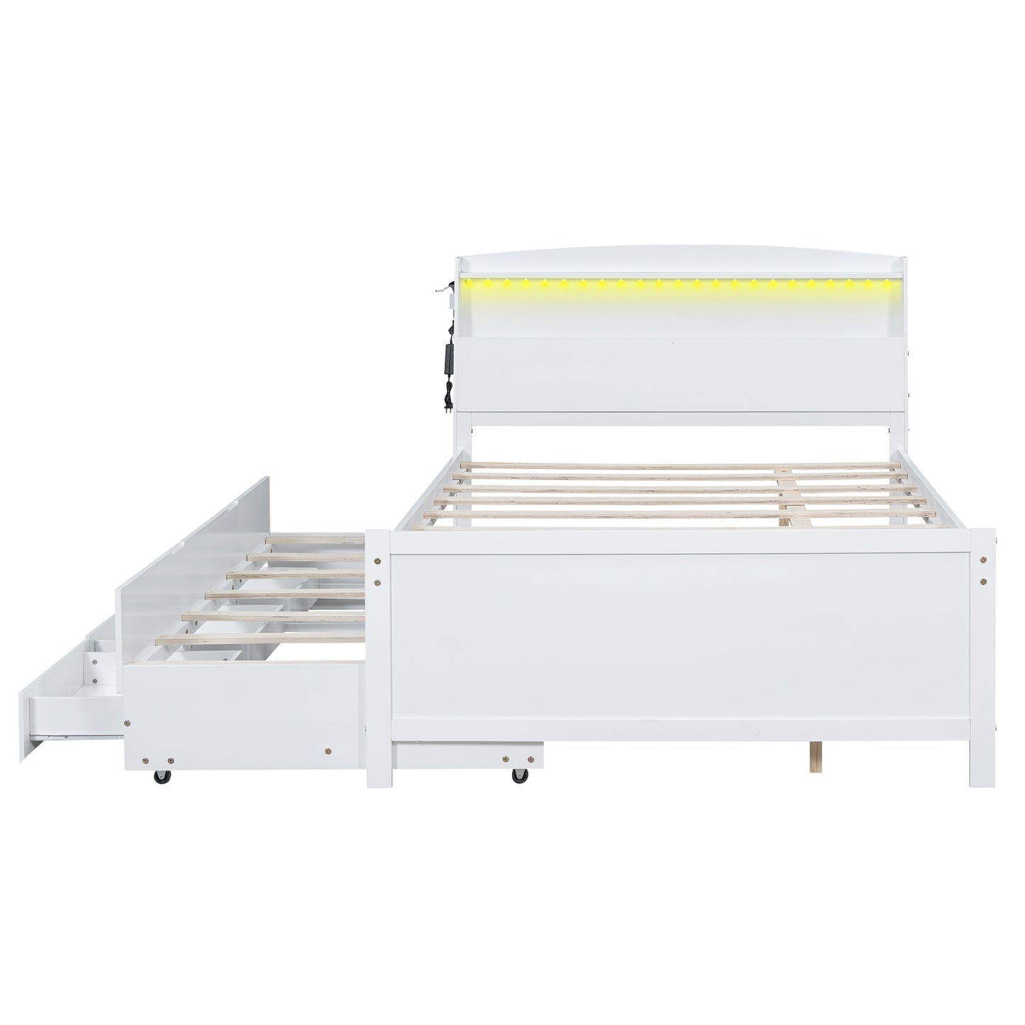 Full Size Platform Bed with Storage LED Headboard, Twin Size Trundle and 3 Drawers, White