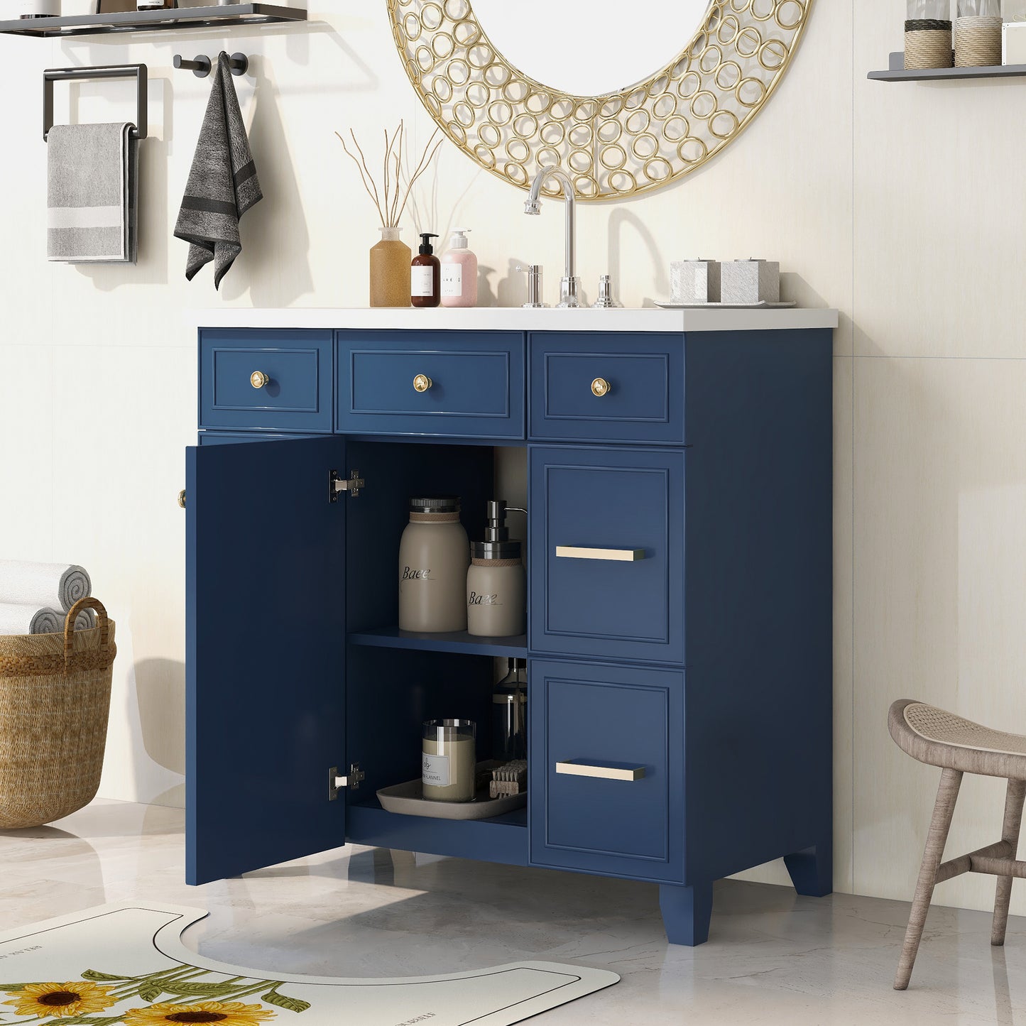 36" Bathroom Vanity Cabinet with Sink Top Combo Set, Navy Blue, Single Sink, Shaker Cabinet with Soft Closing Door and Drawer