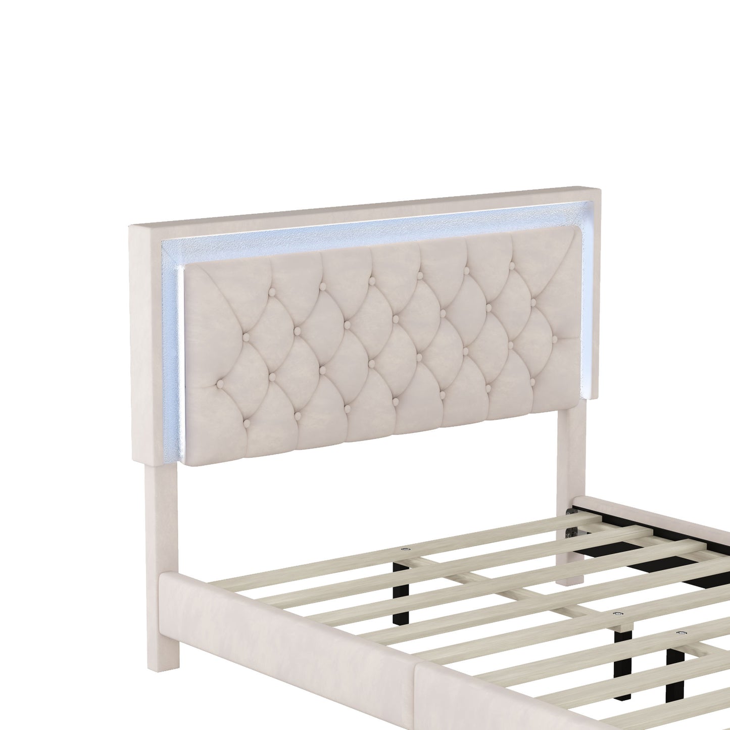 Full Size Upholstered Bed Frame with LED Lights,Modern Velvet Platform Bed with Tufted Headboard,Beige