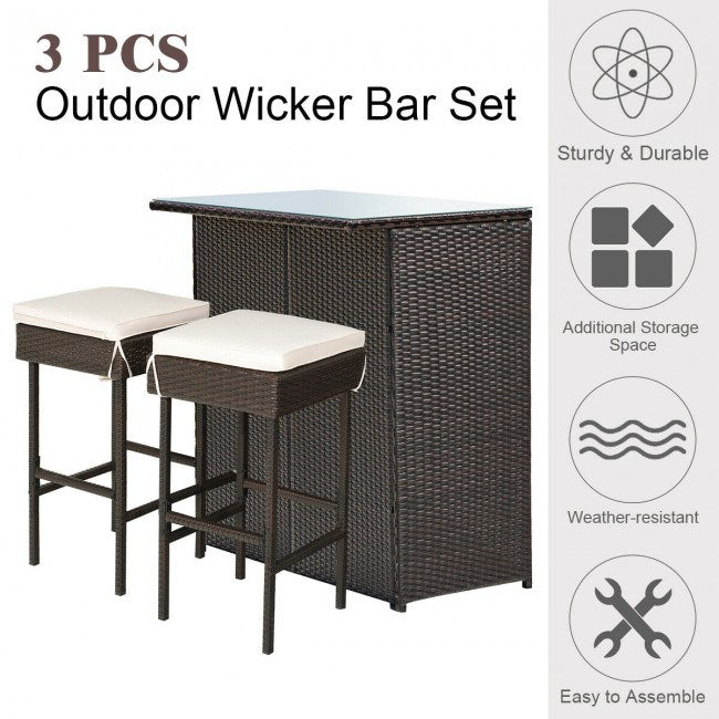 3 Pieces Outdoor Patio Rattan Wicker Bar Set