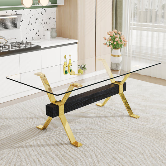 ContemporaryGlass Dining Table - Versatile for Home or Office. Features a Large Tempered Glass Top, Modern Office Desk Design with Gold-Plated Metal Legs and MDF Crossbars. Ideal for Kitchen Use. Dimensions: 79''x39''x30'