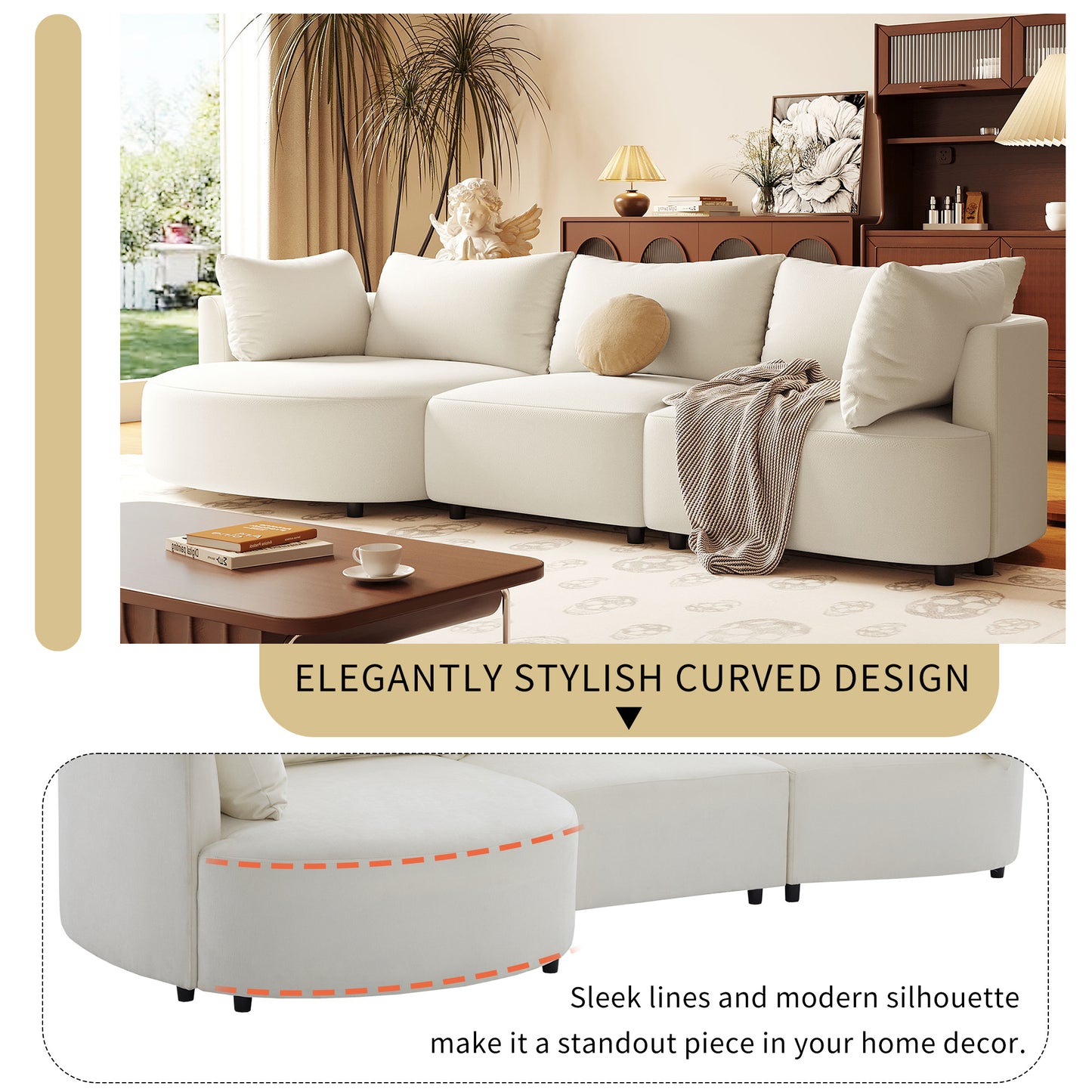 U_STYLE Three Piece Sofas with Five Back Cushions and Curved Seat, for Living Room, Study Room, and Apartment