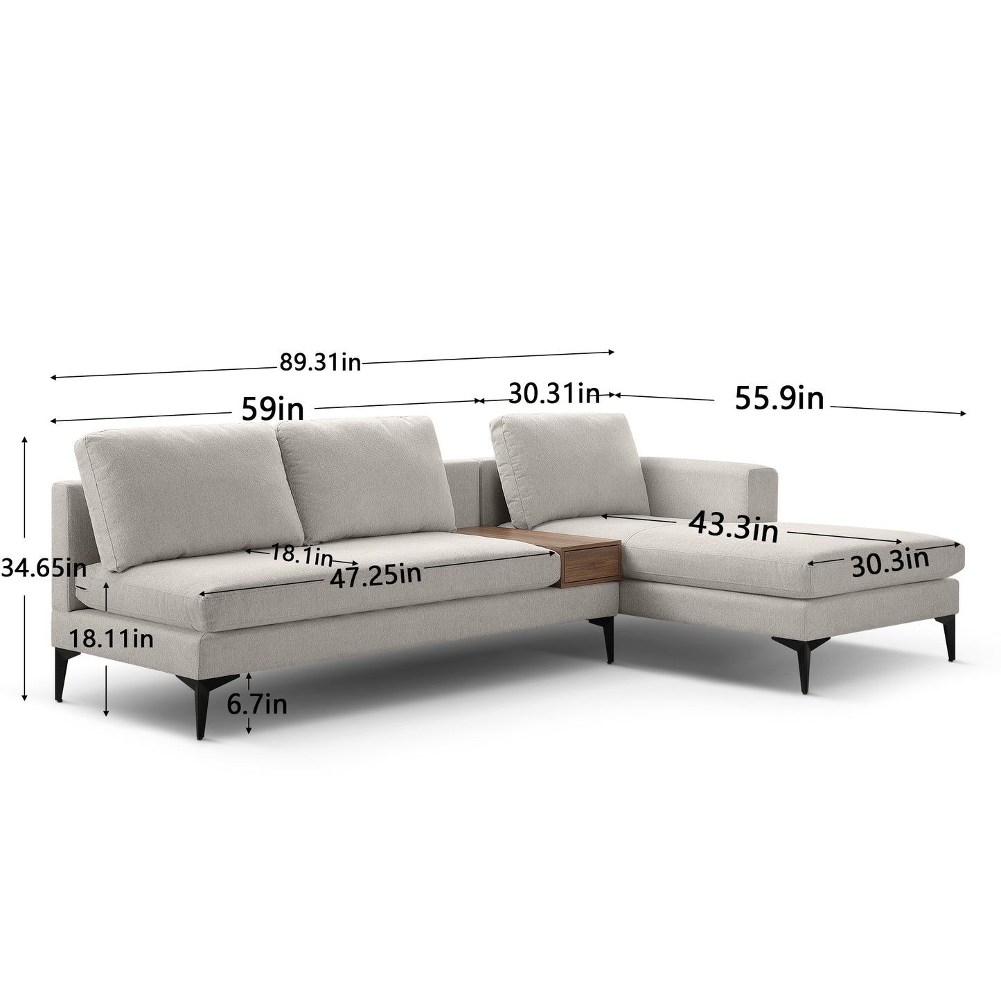 L Shape reversible Chaise and Armless 2 Seater Loveseat , 2 Piece Free Combination Sectional Couch with Left or Right Arm Facing Chaise, Texture Champange