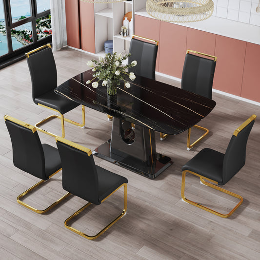 ElegantMarble Rectangular Dining Set - Includes 1 Table and 6 Chairs. Modern, Simple, and Luxurious with Black Imitation Marble Tabletop and 6 Black PU Gold-Plated Leg Chairs.