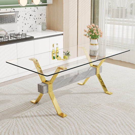 ContemporaryGlass Dining Table - Versatile for Home or Office. Features a Large Tempered Glass Top, Modern Office Desk Design with Gold-Plated Metal Legs and MDF Crossbars. Ideal for Kitchen Use. Dimensions: 79''x39''x30'