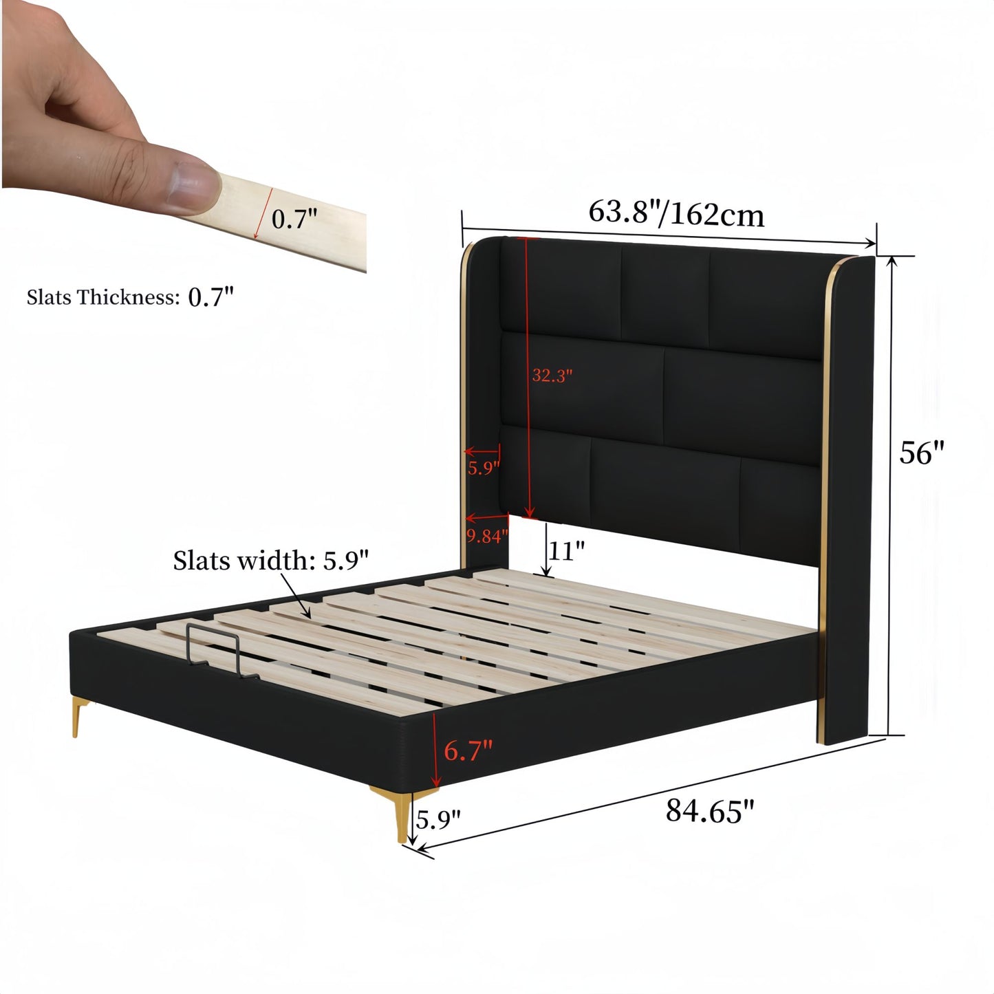 56" Tall Headboard Square Tufted Upholstered Platform Bed , Queen Size Bed Frame with Thickening Pinewooden Slats and Metal Leg, Black