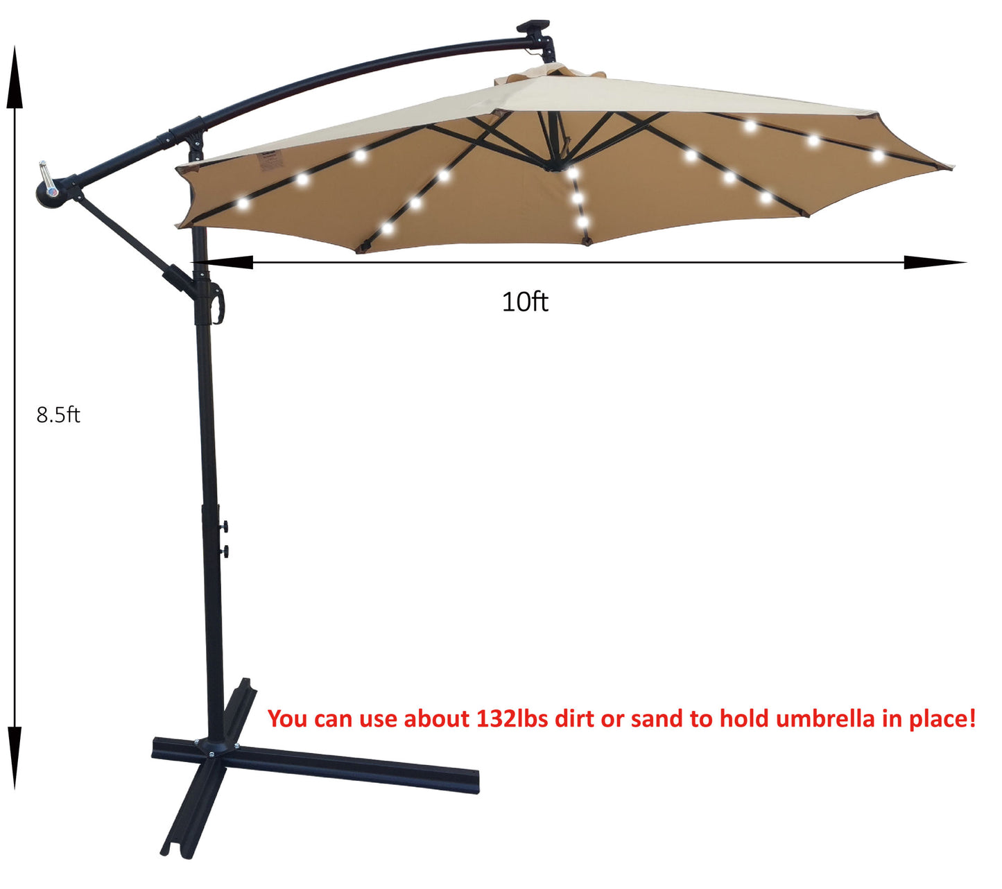 Tan 10 ft Outdoor Patio Umbrella Solar Powered LED Lighted Sun Shade Market Waterproof 8 Ribs Umbrella with Crank and Cross Base for Garden Deck Backyard Pool Shade Outside Deck Swimming Pool RT