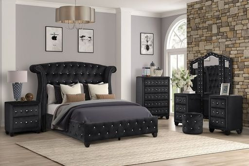 Sophia Crystal Tufted King Bed Made with wood in Black