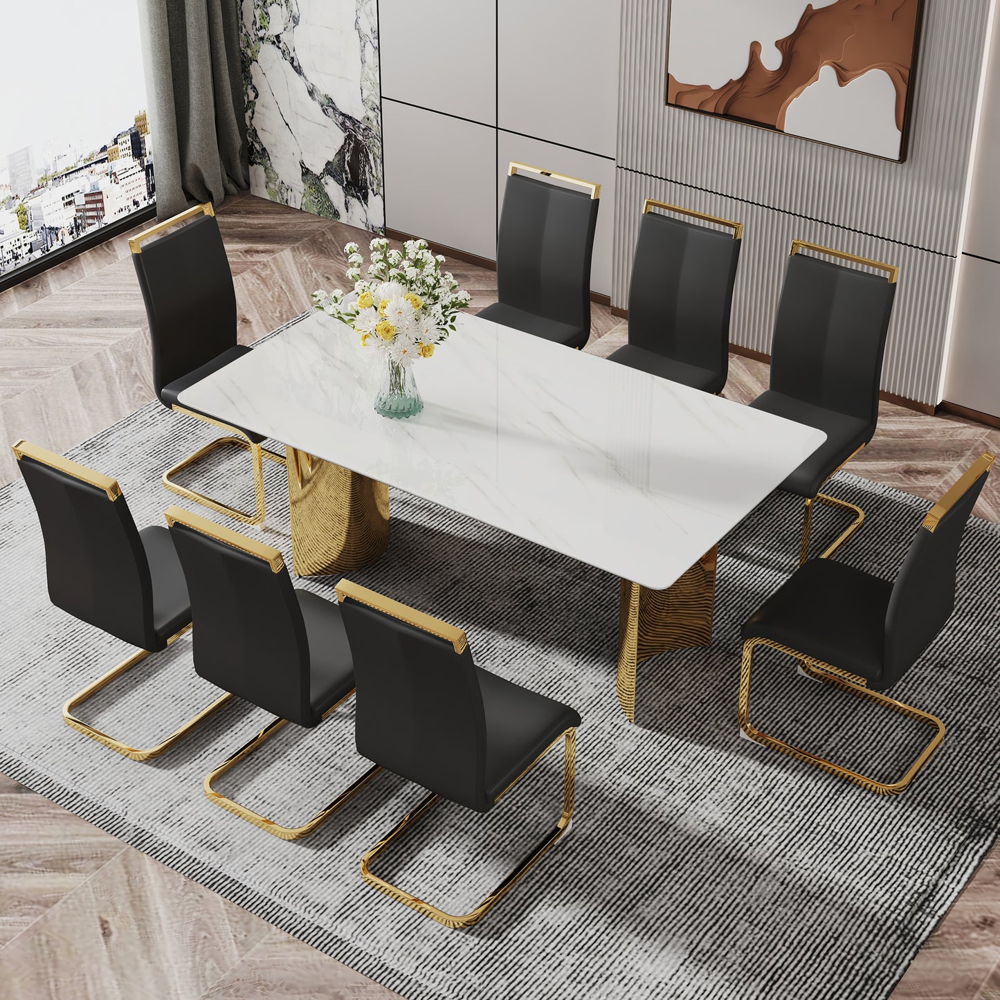 Modern minimalist dining table. The white imitation marble glass desktop is equipped with golden metal legs. Suitable for restaurants and living rooms 71 "* 39.3" * 29.5 "DT-69