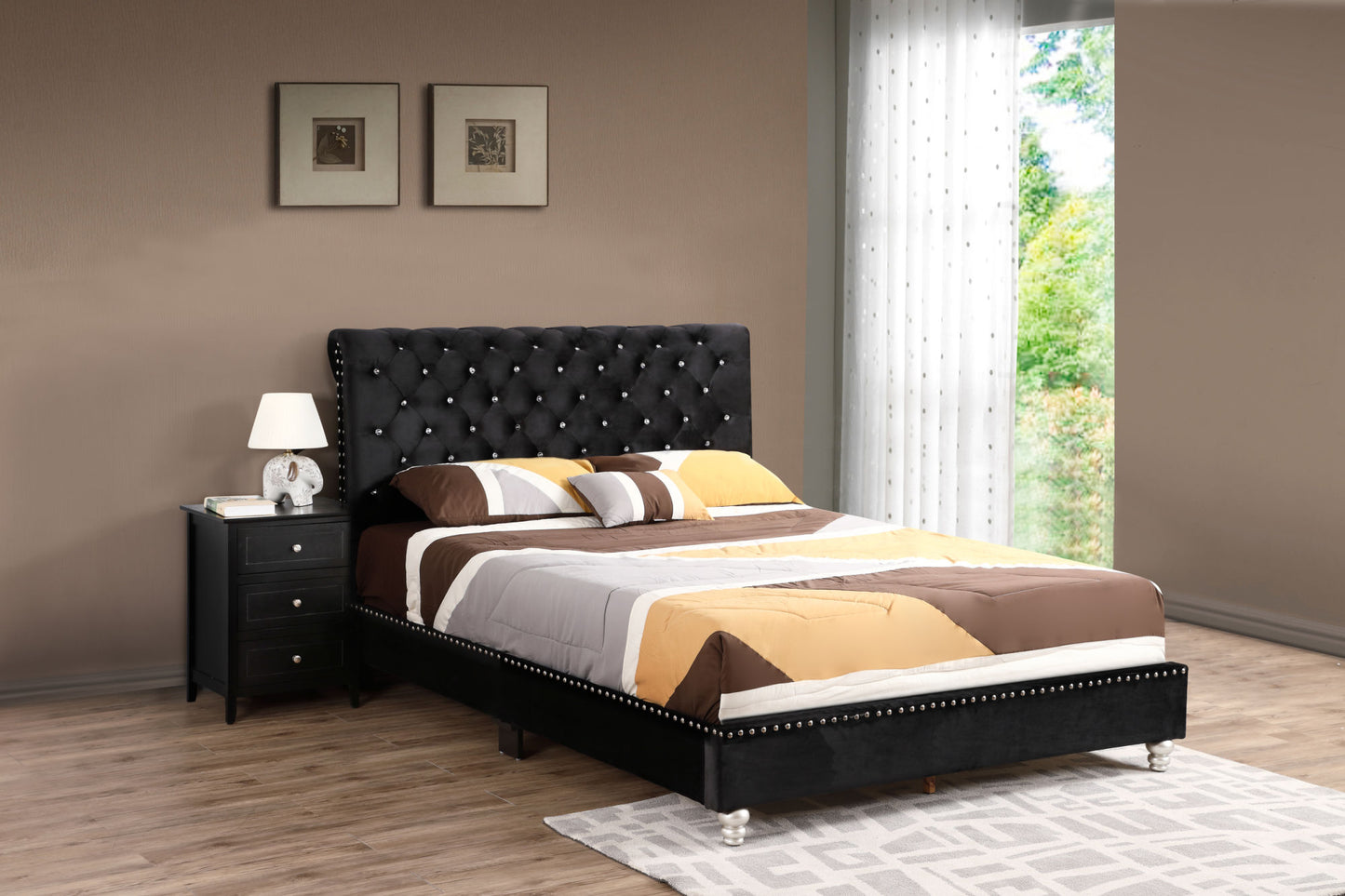 Glory Furniture Maxx G1942-KB-UP Tufted Upholstered Bed , BLACK