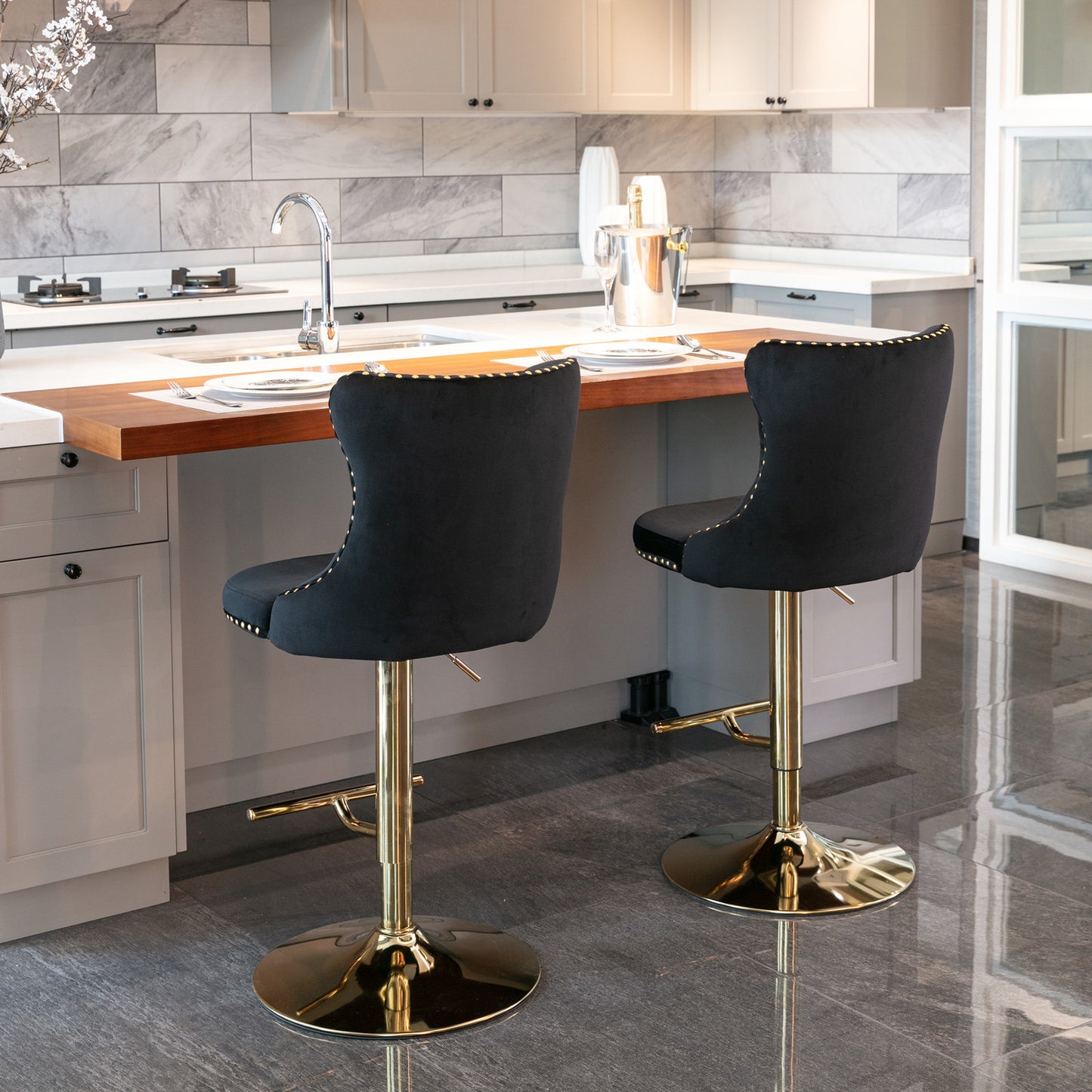 Modern Velvet Gold Studded Barstools