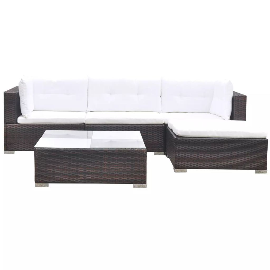 5 Piece Patio Lounge Set with Cushions Poly Rattan Brown