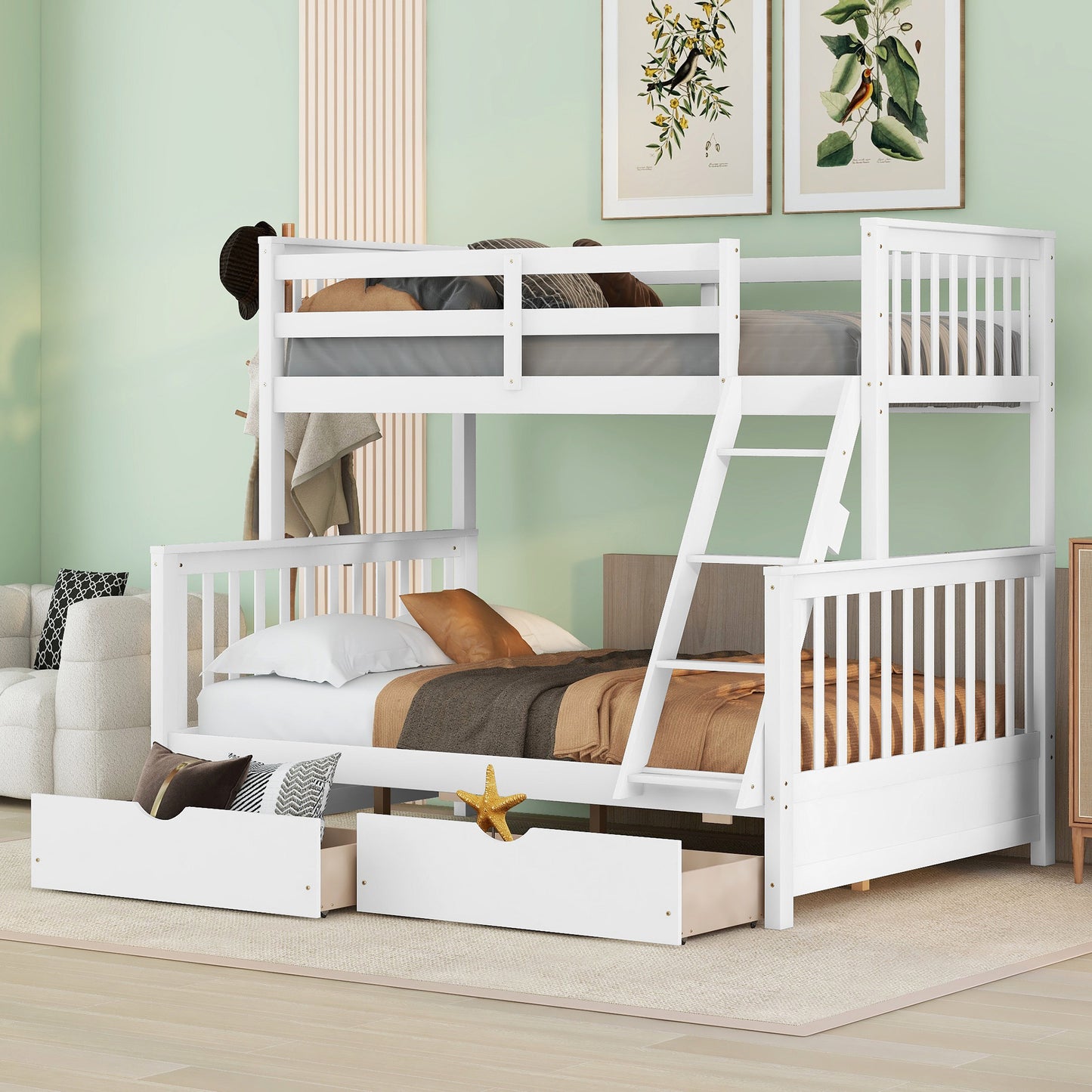 Brown- Twin-Over-Full Bunk Bed with Ladders and Two Storage Drawers