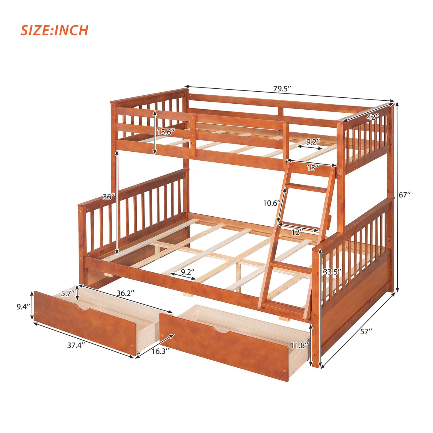 Brown- Twin-Over-Full Bunk Bed with Ladders and Two Storage Drawers