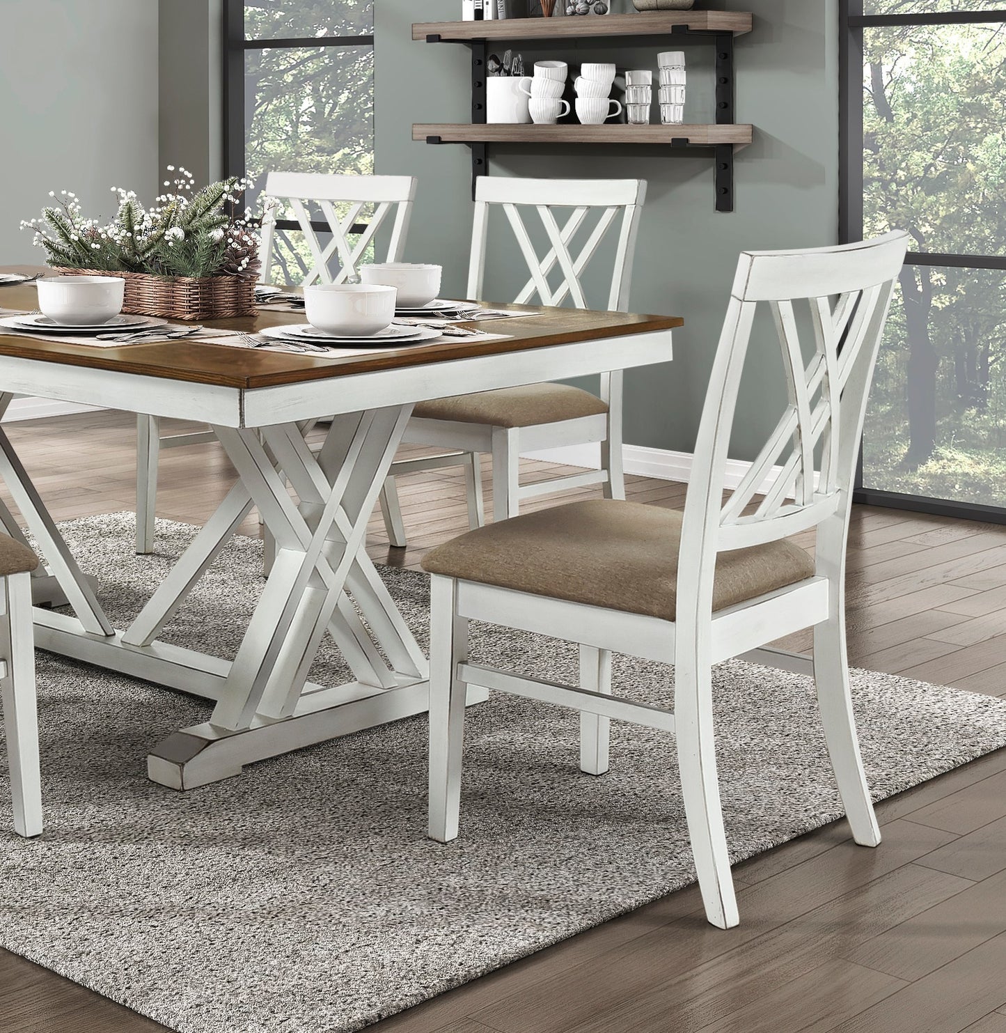 7-Piece Dining Set in White and Oak Finish - Includes Table with Extension Leaf and 6 Side Chairs with Upholstered Seats.