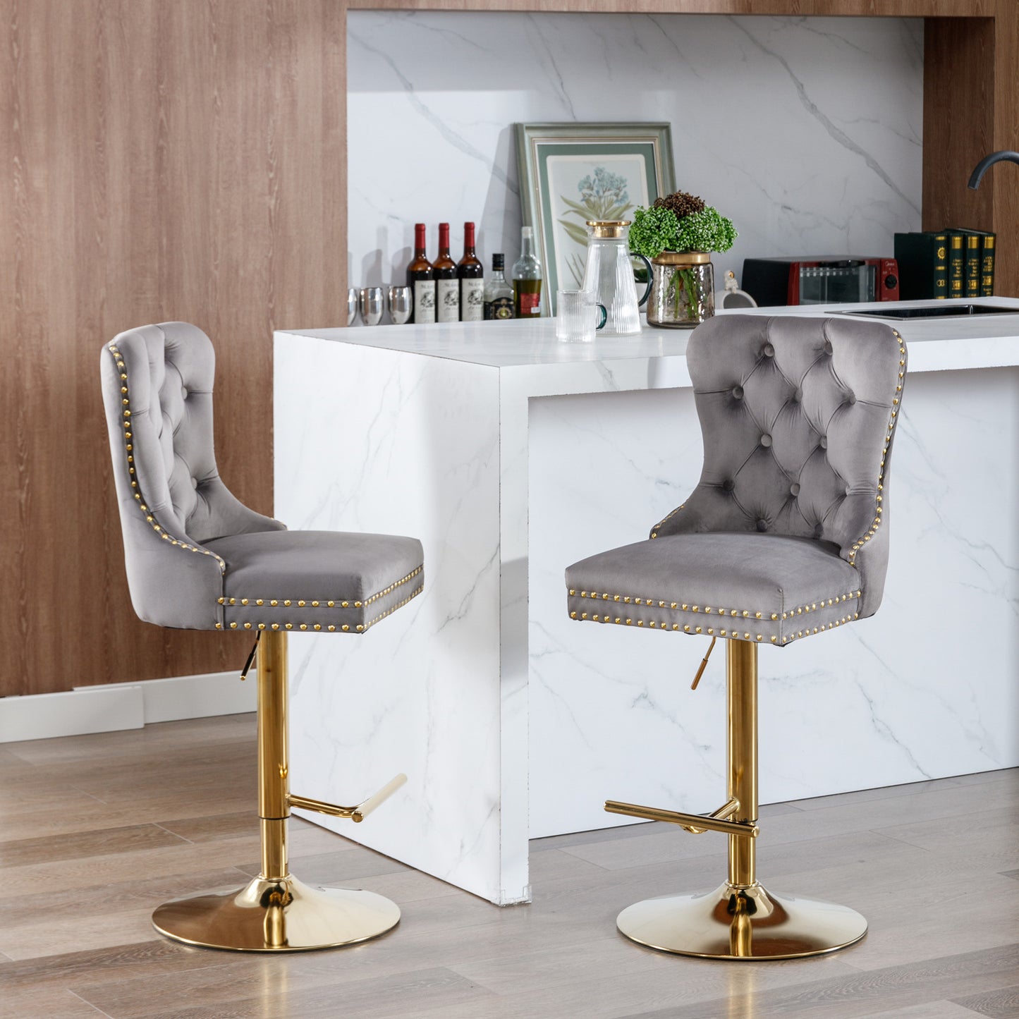 Gray and Gold Velvet Barstools  (Gray, Set of 2)