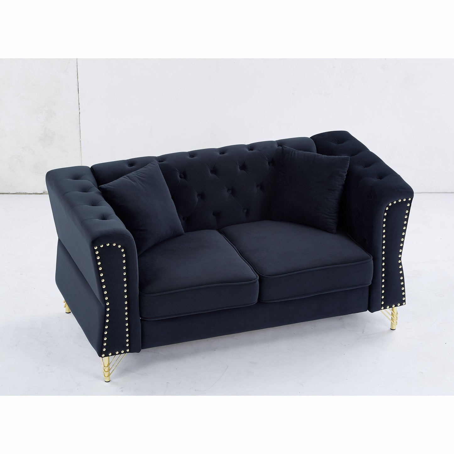 81.8" Chesterfield Sofa Grey Velvet for Living Room, 3-Seater Sofa Tufted Couch with metal foot and Nailhead- two pillows