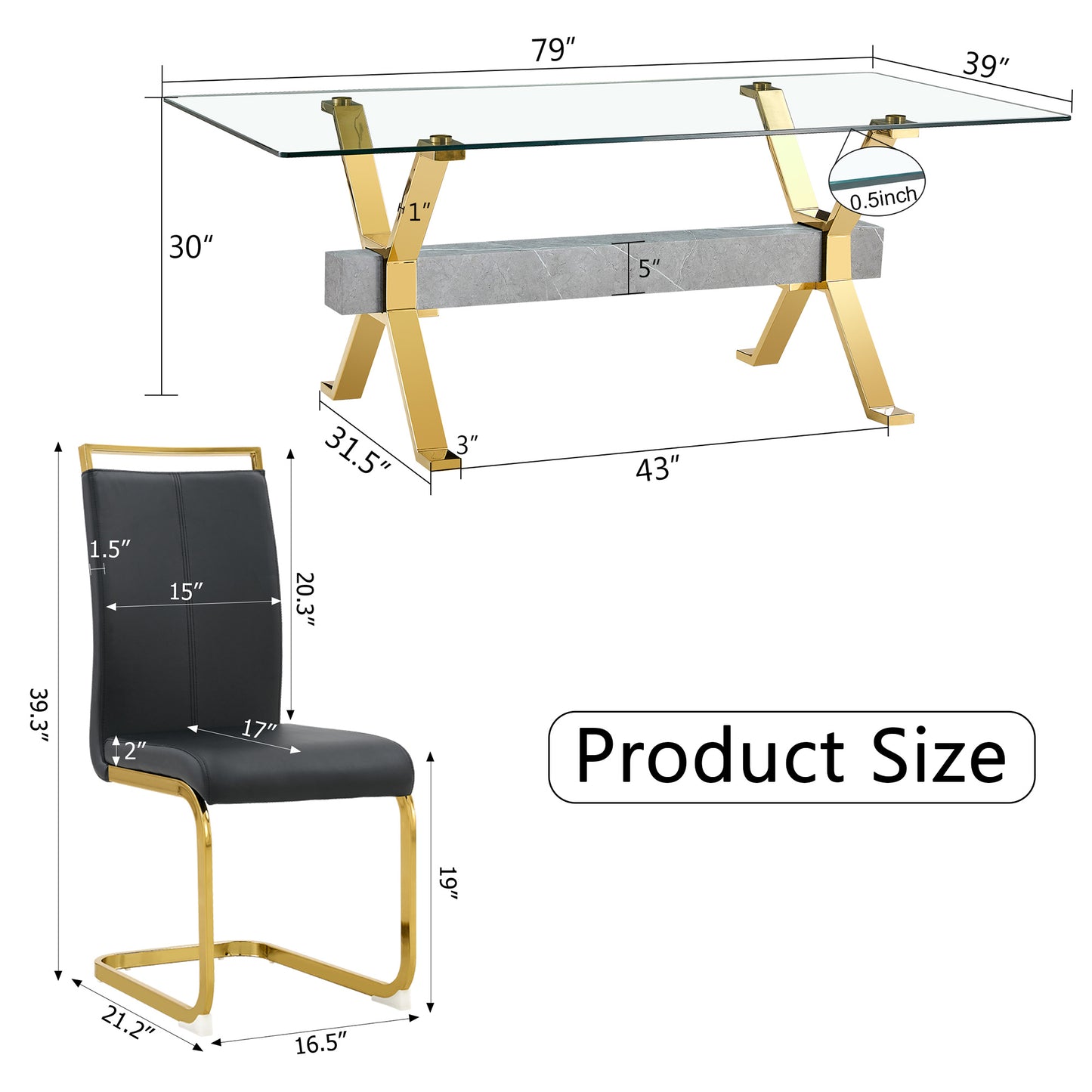 LuxGlass Rectangular Dining Set - Includes 1 Table and 6 Chairs. Modern Simplicity with Tempered Glass Tabletop and 6 Black PU Gold-Plated Leg Chairs. Dimensions: 79''x39''x30''