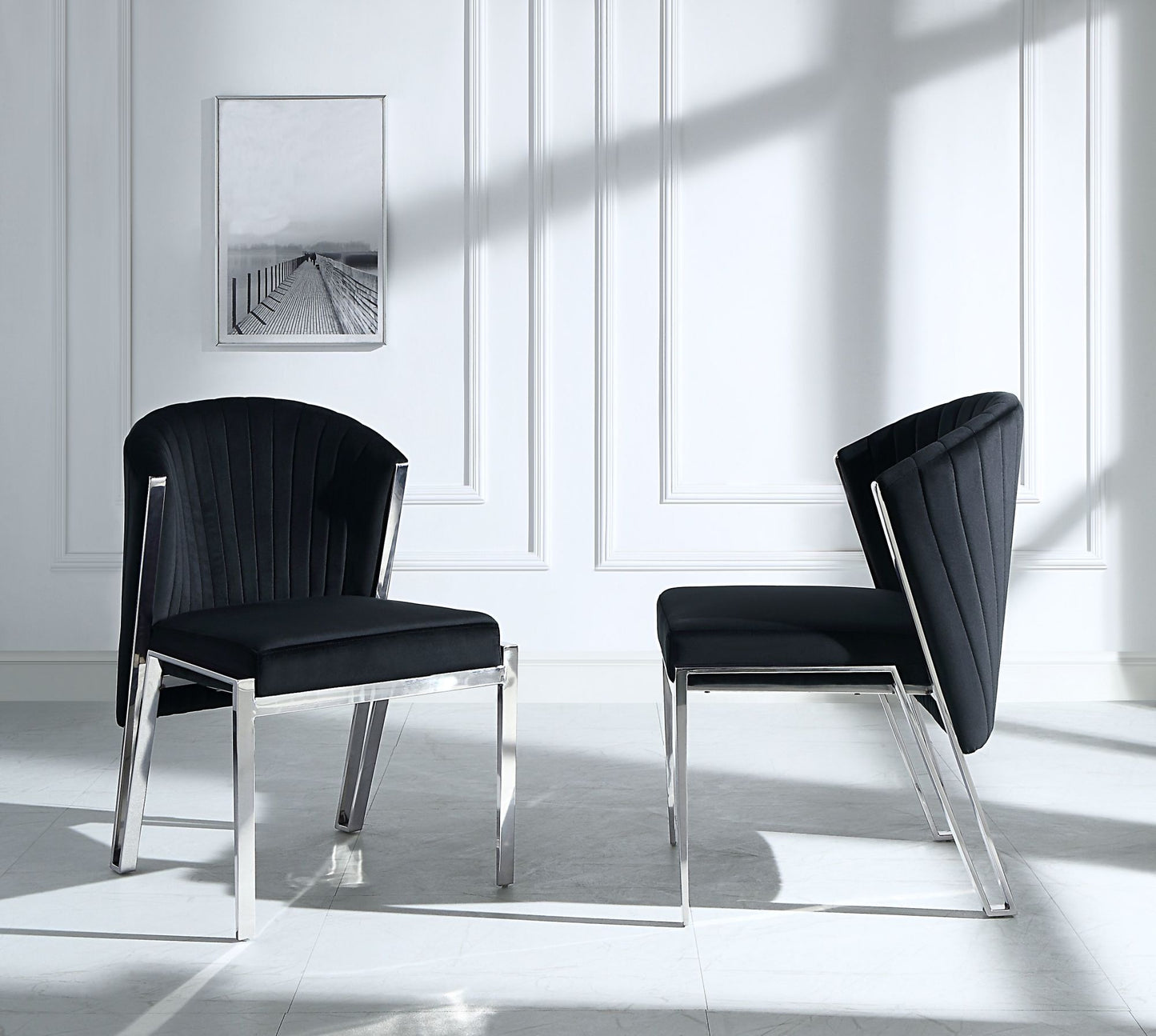 Fallon Side Chair (Set-2), Black Velvet & Mirrored Silver Finish