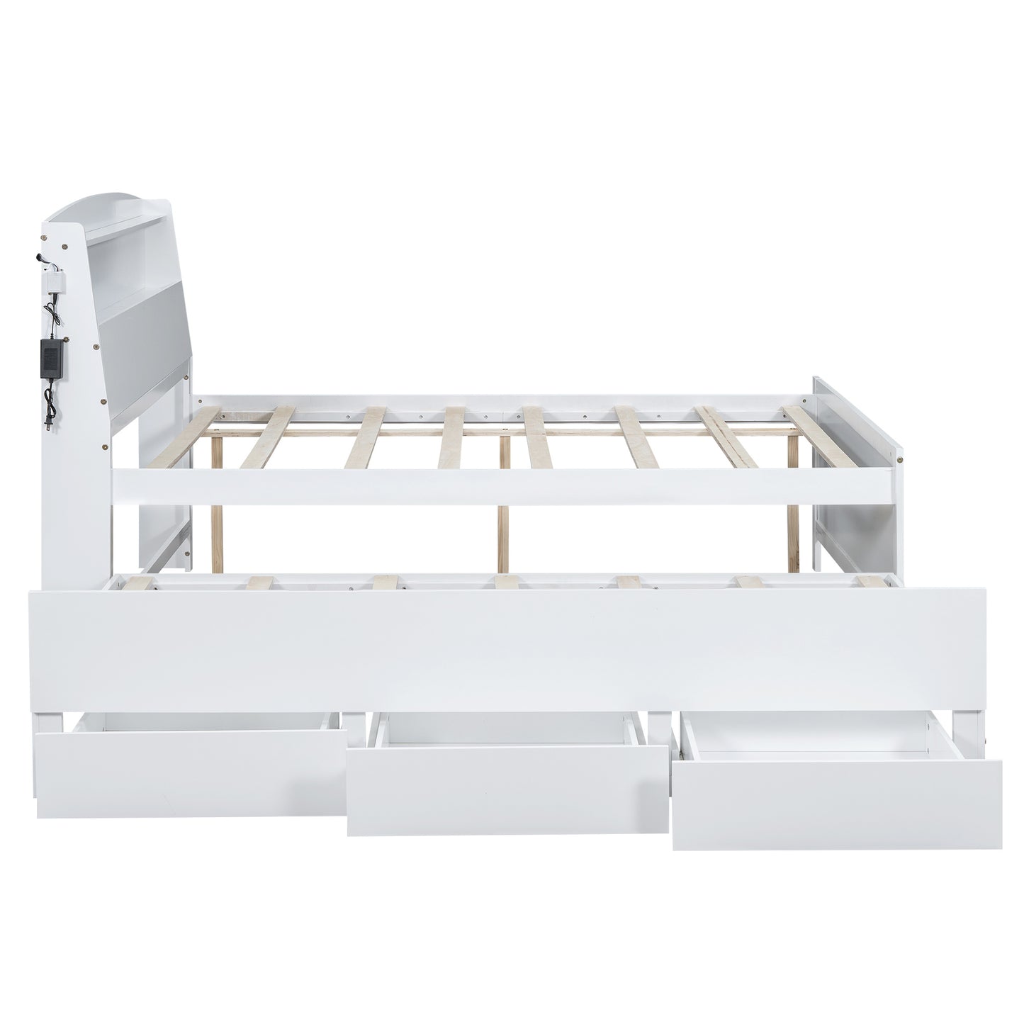 Full Size Platform Bed with Storage LED Headboard, Twin Size Trundle and 3 Drawers, White