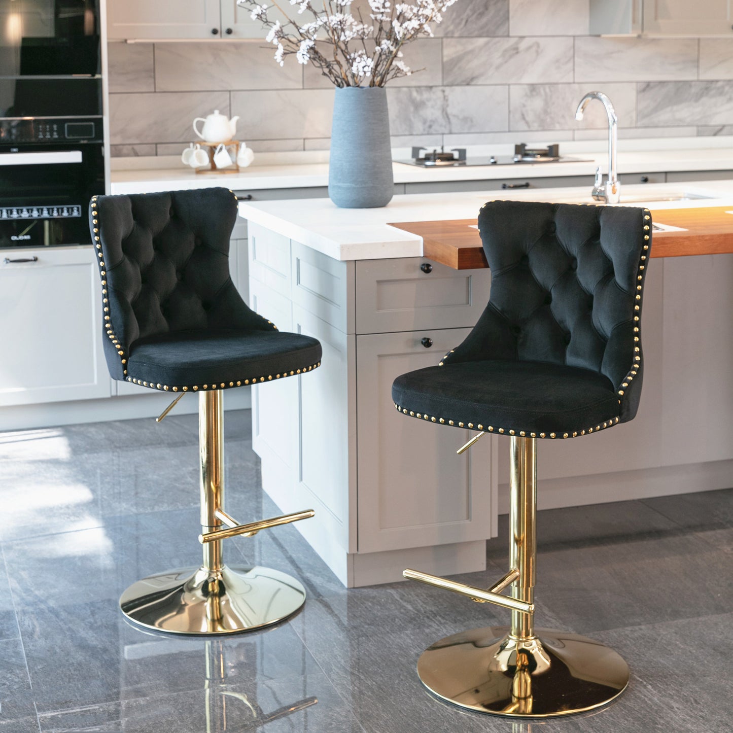 Modern Velvet Gold Studded Barstools