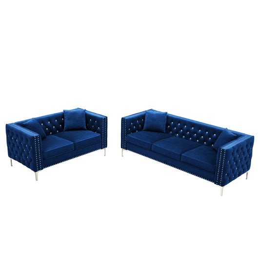 Sapphire Elegance Velvet Sofa Set- Blue