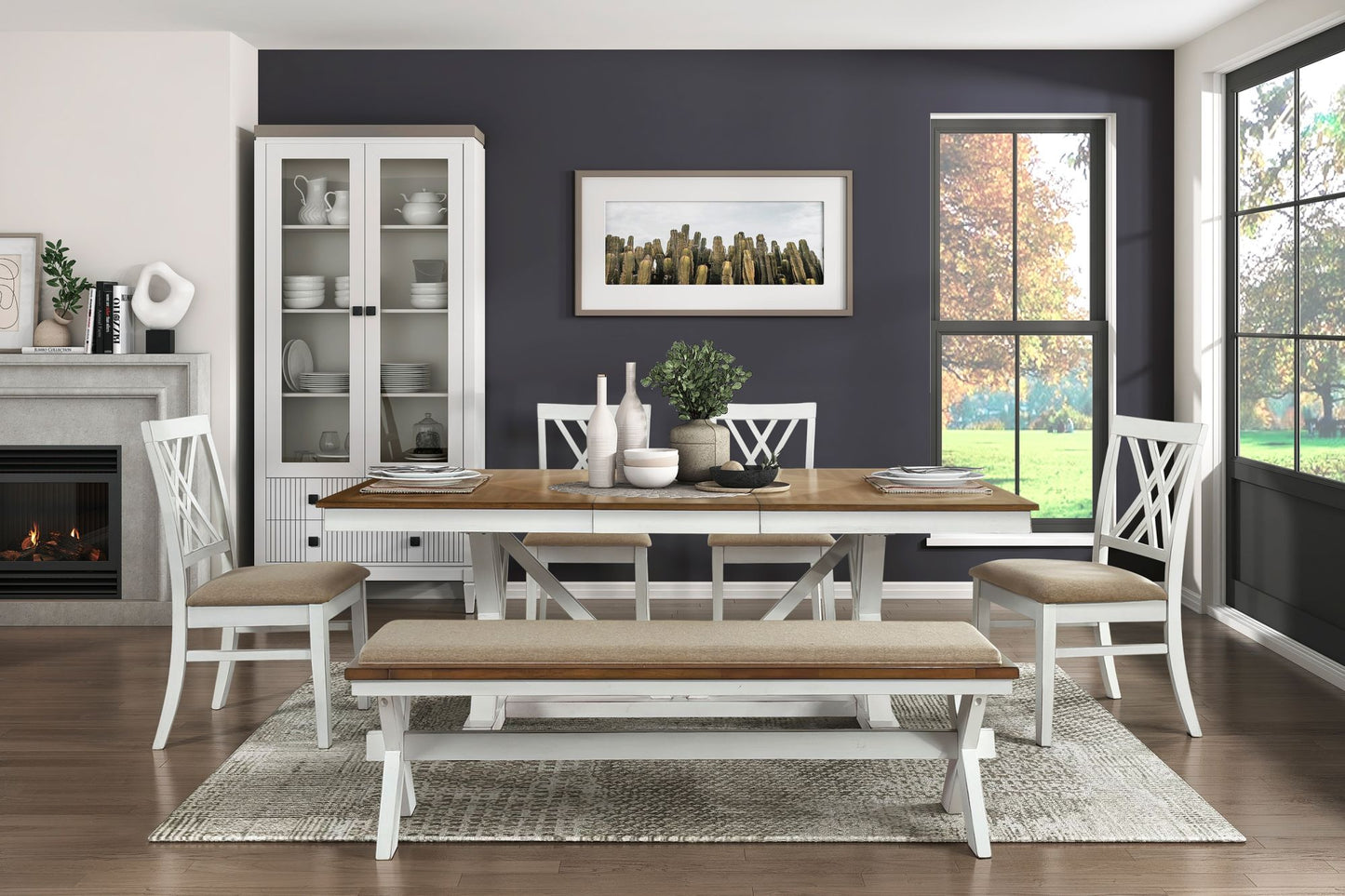 Modern Style White and Oak Finish Dining Table - with Self-Storing Extension Leaf Charming Traditional Lines Dining Furniture