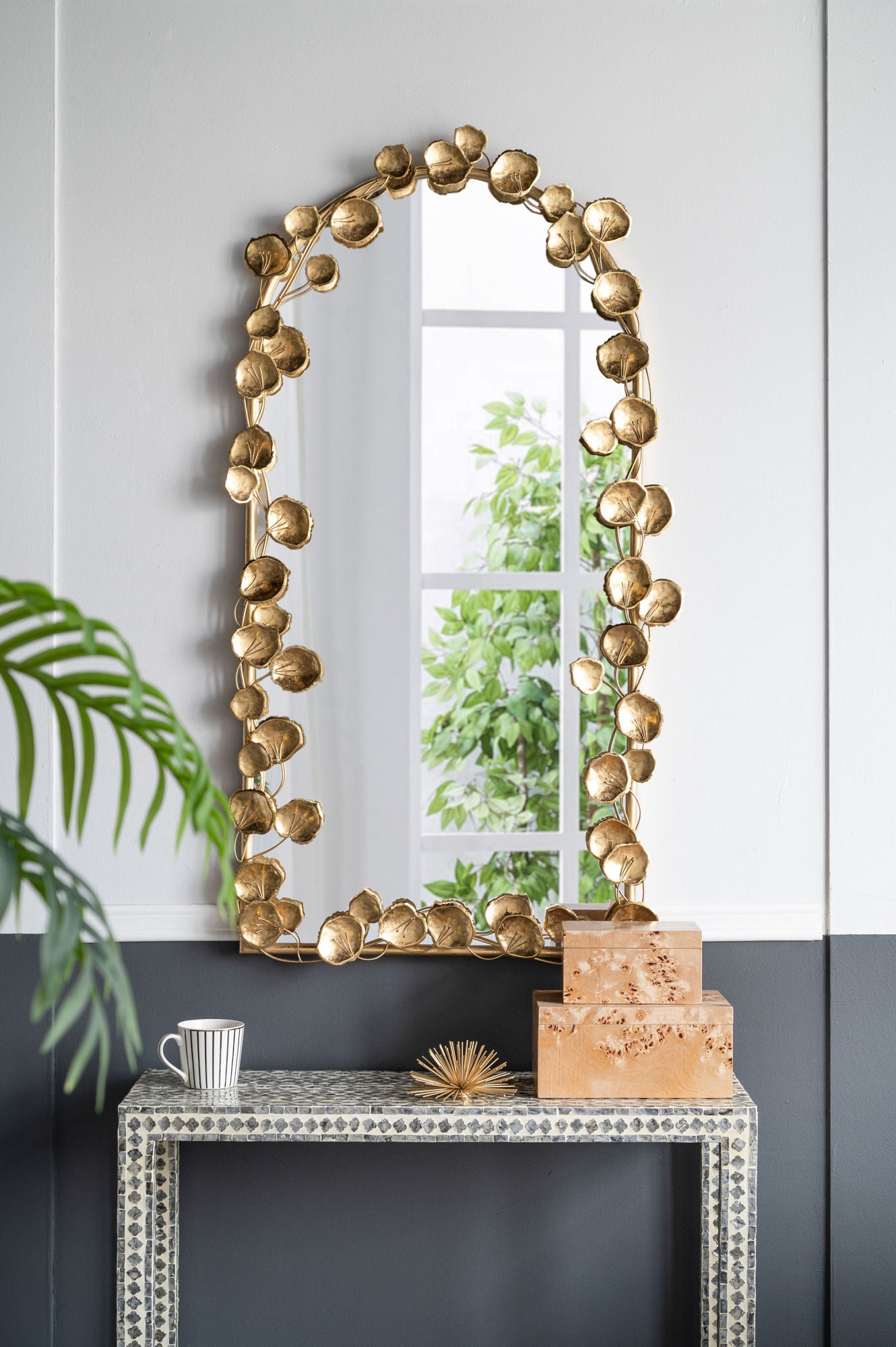 51.5" x 29" Full Length Arched Wall Mirror with Golden Leaf Accents