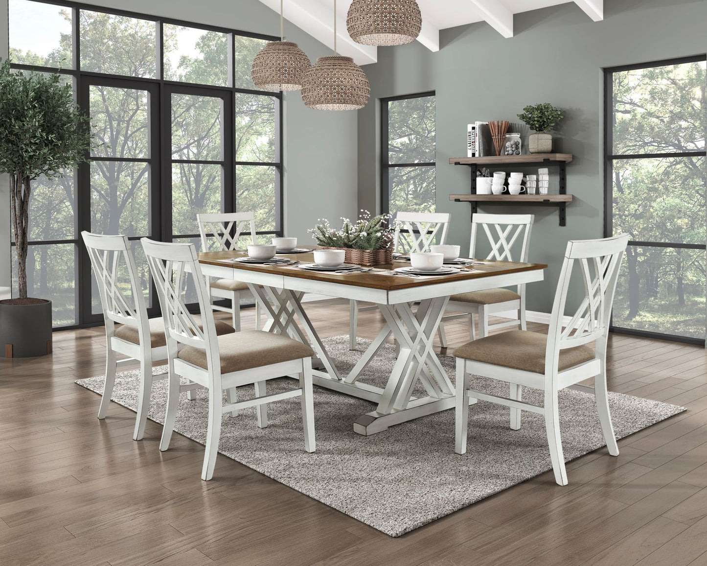 Modern Style White and Oak Finish Dining Table - with Self-Storing Extension Leaf Charming Traditional Lines Dining Furniture